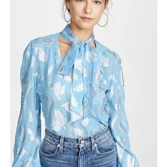 MAJORELLE Tops - RIXO London Georgette Moss Leaf Jacquard Silk Blouse Palm Silver Blue Size Small